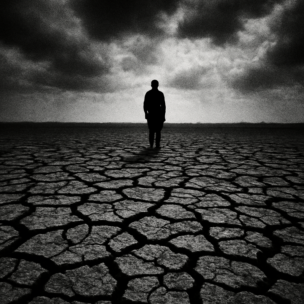 A lone figure standing on vast cracked, parched earth under a dramatic sky